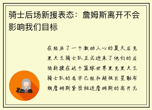 骑士后场新援表态：詹姆斯离开不会影响我们目标